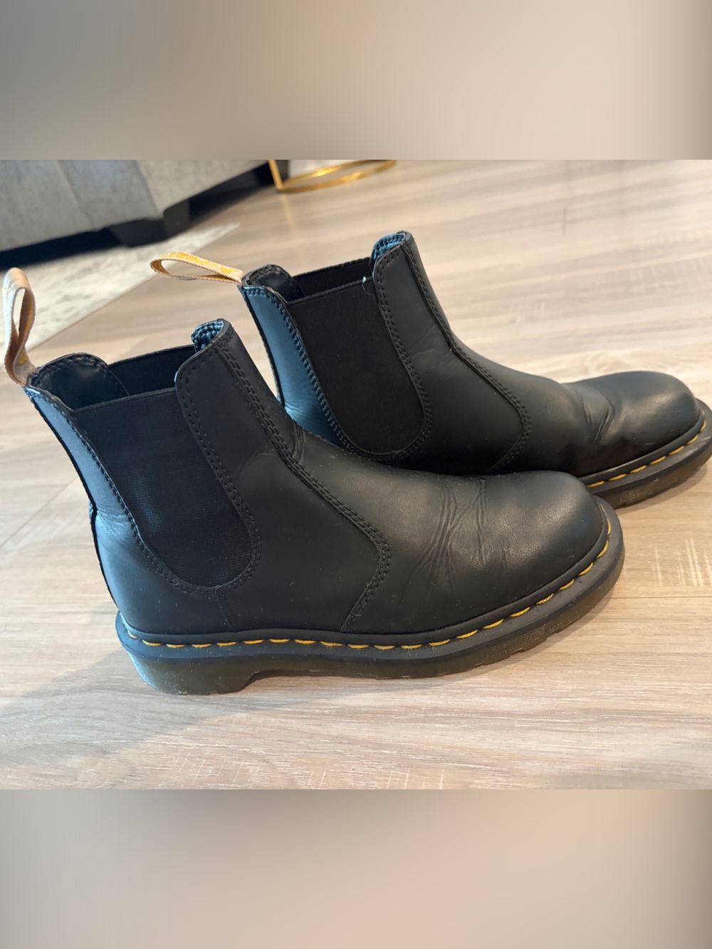 Womens Black Dr. Martens Chelsea Boots with Yellow Stitching
